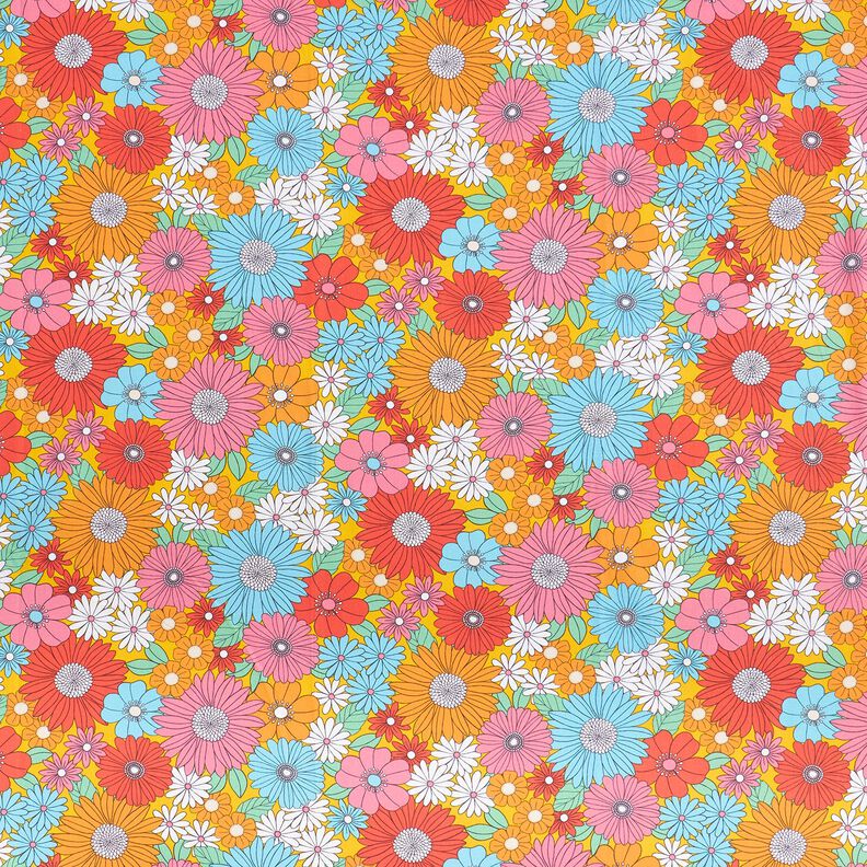 Tissu en coton Cretonne Grandes fleurs rétro – turquoise/jaune soleil,  image number 1