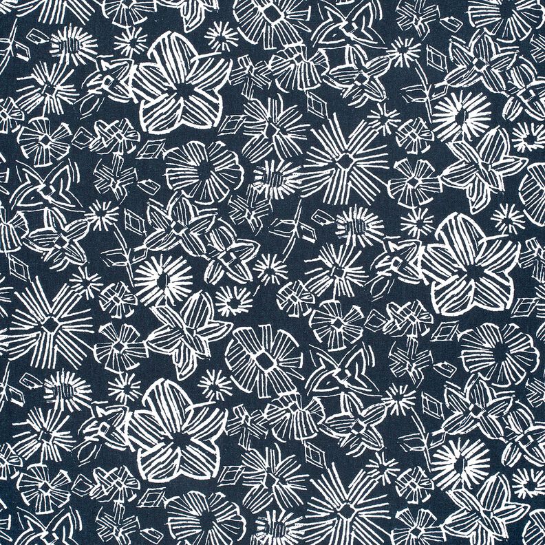 Mélange viscose lin Fleurs esquissées – bleu nuit/blanc, image number 1