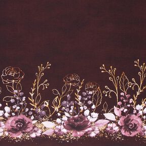 Jersey coton Tissu bordure Fleurs en paillettes dorées | Glitzerpüppi – rouge bordeaux/lilas pastel, 