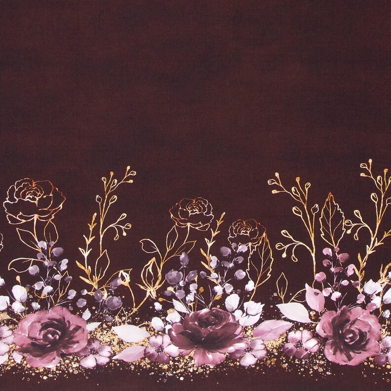 Jersey coton Tissu bordure Fleurs en paillettes dorées | Glitzerpüppi – rouge bordeaux/lilas pastel, image number 1