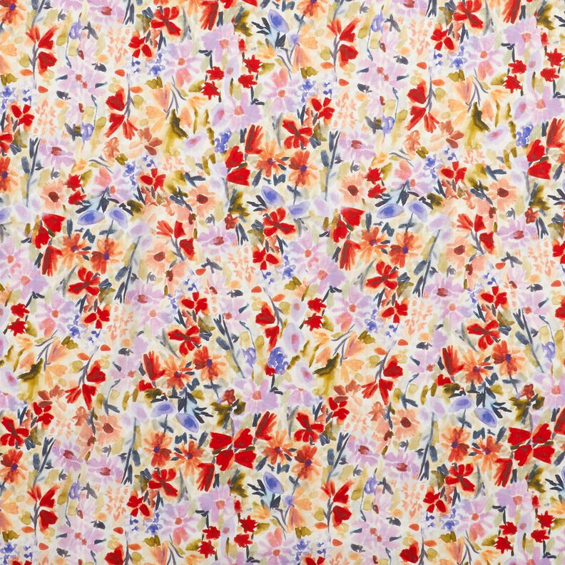 Voile de coton Prairie fleurie aquarelle impression numérique – ivoire/rouge,  image number 1