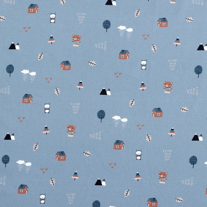 GOTS Popeline coton Ours et hibou en balade – jean bleu clair,  image number 1
