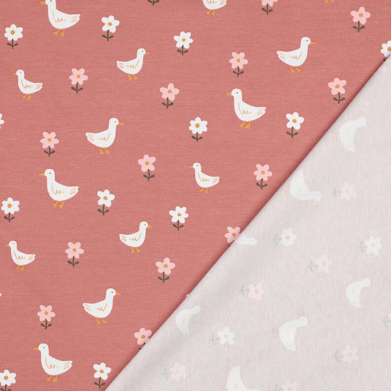 Jersey coton Oies dans la prairie fleurie | Poppy Fabrics – vieux rose foncé/blanc,  image number 4