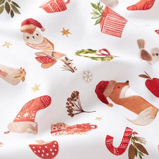 Tissu en coton  Cretonne Animaux de la forêt de Noël – blanc/rouge, 