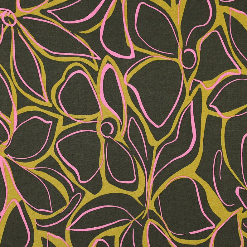Viscose stretch à grandes fleurs – pin foncé/jaune olive,  image number 1