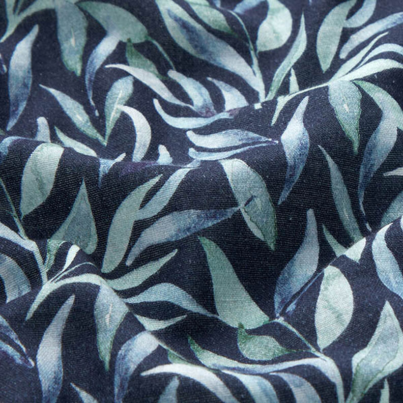 Tissu double gaze de coton Feuilles aquarelle Impression numérique – bleu marine,  image number 2