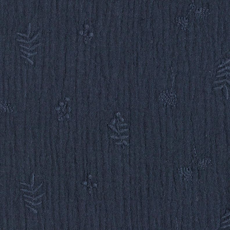 Tissu double gaze de coton broderie fleurs et branches – bleu marine,  image number 1