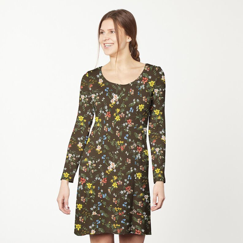 Jersey viscose Petites fleurs – marron foncé/rouge feu,  image number 6