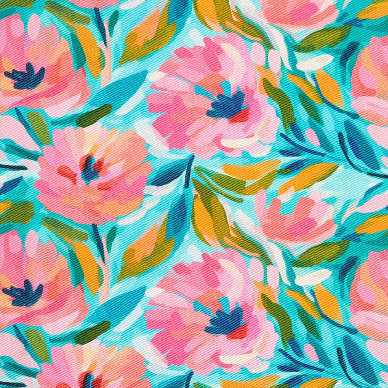 Tissu de décoration Sergé coton Fleurs peintes – rose/turquoise,  image number 1