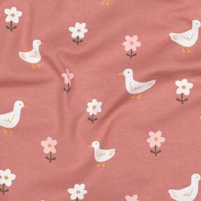 Jersey coton Oies dans la prairie fleurie | Poppy Fabrics – vieux rose foncé/blanc, 