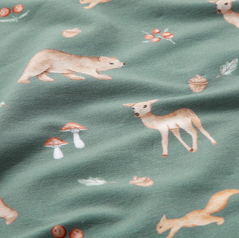 GOTS French Terry Sweat d’été Ours, cerf, écureuil Impression numérique – vert foncé, image number 2