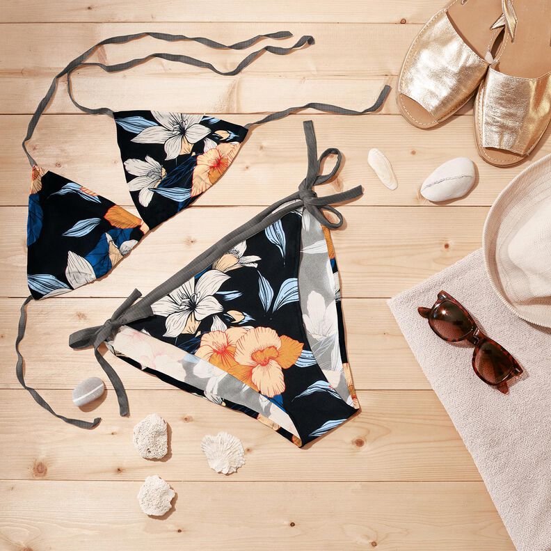 Tissus pour maillot de bain Grandes fleurs d'hibiscus – bleu noir/abricot,  image number 7