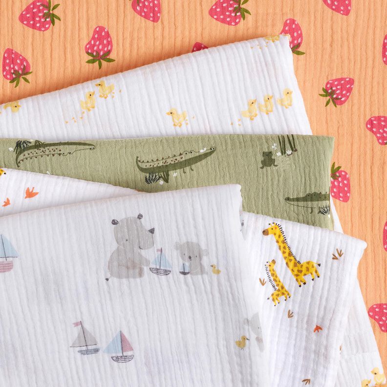 Tissu double gaze de coton Fraises – abricot,  image number 5