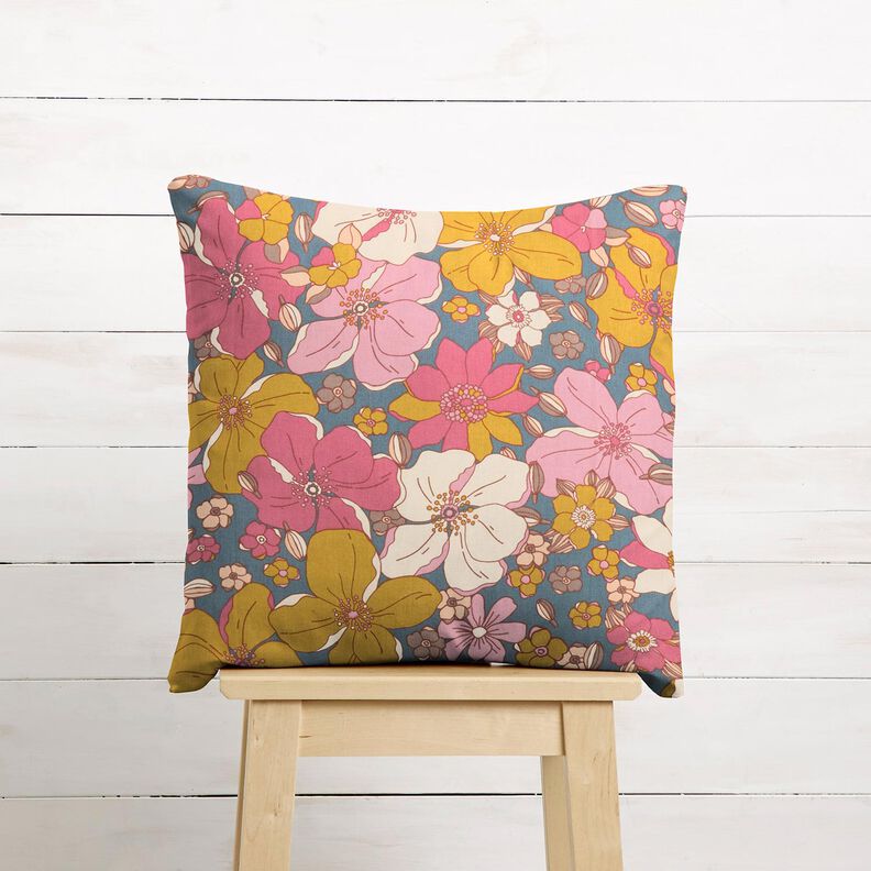 Tissu en coton Cretonne Grands motifs de fleurs – gris bleu/rose vif, image number 6