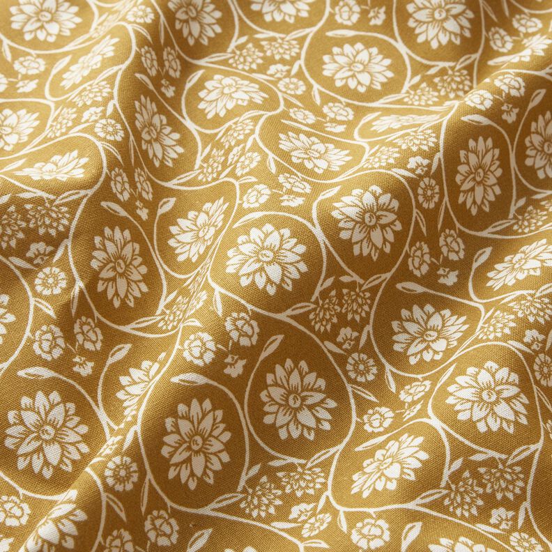 Tissu en coton Cretonne Fleurs et rameaux – moutarde/blanc, image number 2
