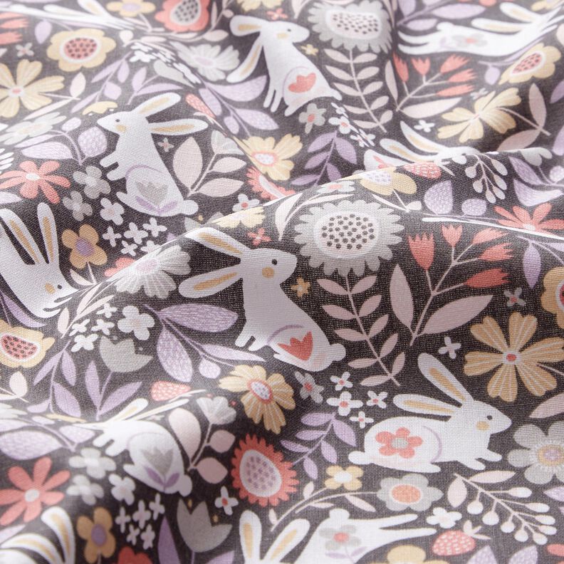 Popeline coton Lapins dans un pré fleuri – gris foncé, image number 2