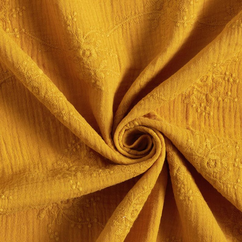Tissu double gaze de coton Vrille florale ton sur ton – jaune curry,  image number 3