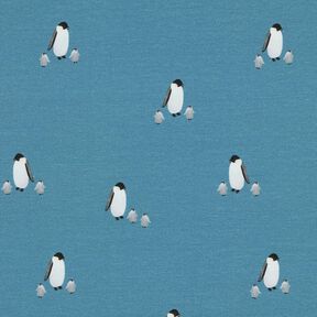 GOTS French Terry Sweat d’été Famille de pingouins Impression numérique – bleu jean, 