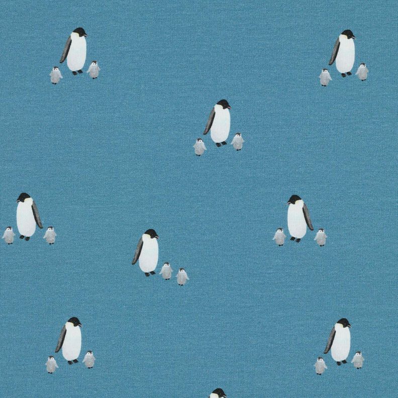 GOTS French Terry Sweat d’été Famille de pingouins Impression numérique – bleu jean,  image number 1