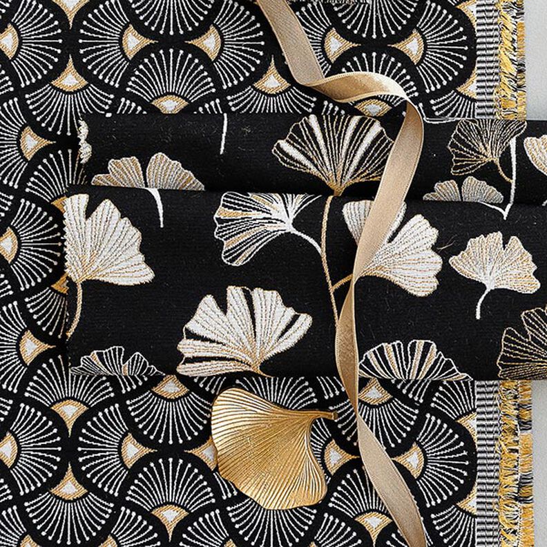 Tissu de décoration Jacquard petits éventails – noir/or,  image number 6