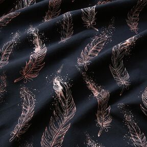 Jersey coton Plumes dorées | Glitzerpüppi – bleu noir/vieux rose foncé, 