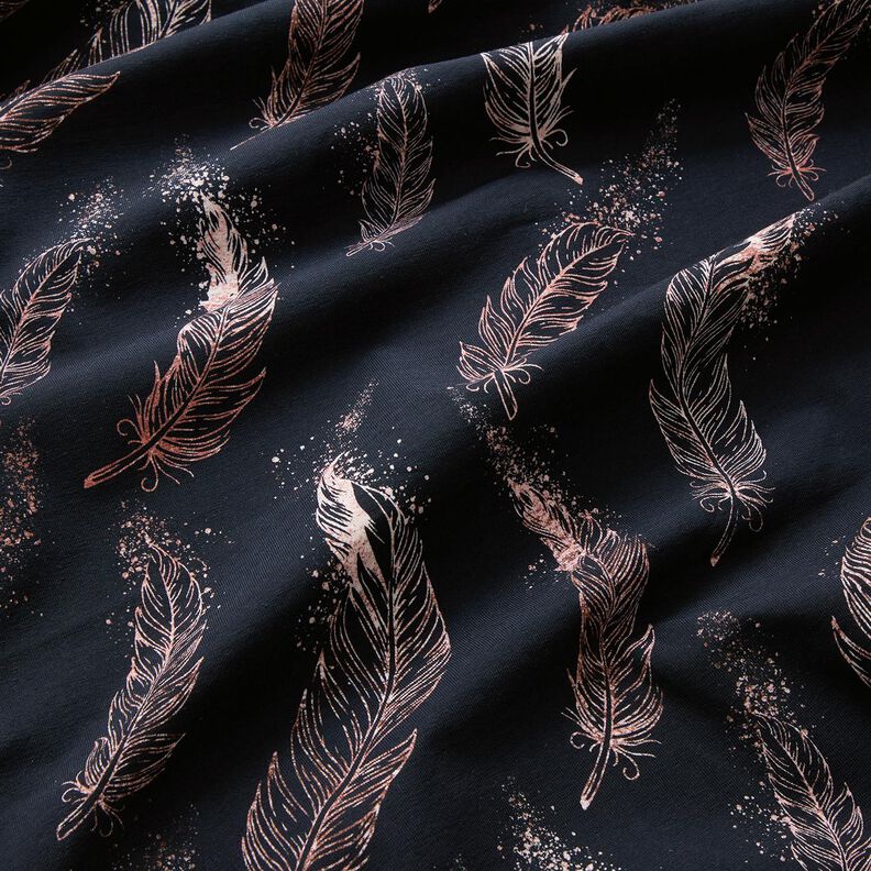 Jersey coton Plumes dorées | Glitzerpüppi – bleu noir/vieux rose foncé,  image number 2