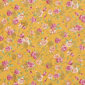 Crêpe mousseline Fleurs et pois dorés – jaune curry, 