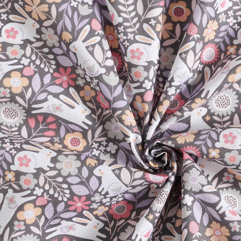 Popeline coton Lapins dans un pré fleuri – gris foncé, image number 3