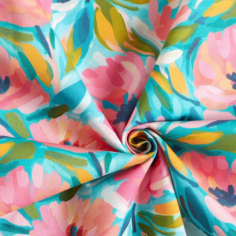 Tissu de décoration Sergé coton Fleurs peintes – rose/turquoise,  image number 3