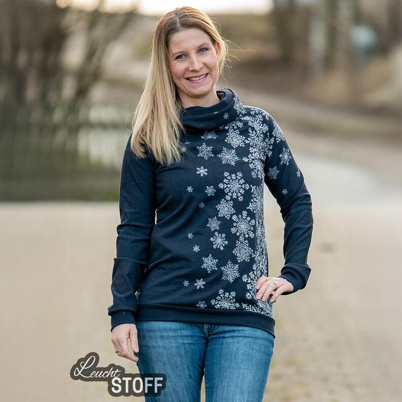 French Terry Sweat d’été Fleurs de givre Tissu bordure | Glitzerpüppi – bleu nuit/blanc, image number 6