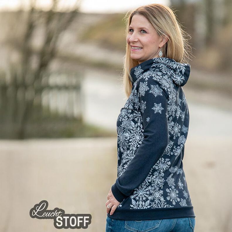 French Terry Sweat d’été Fleurs de givre Tissu bordure | Glitzerpüppi – bleu nuit/blanc, image number 7