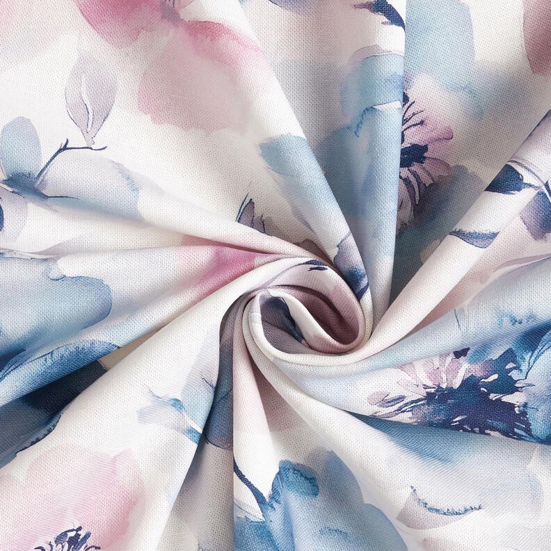 Tissu de d&eacute;coration Semi-panama grandes fleurs &agrave; l'aquarelle &ndash; blanc/violet pastel,  image number 3
