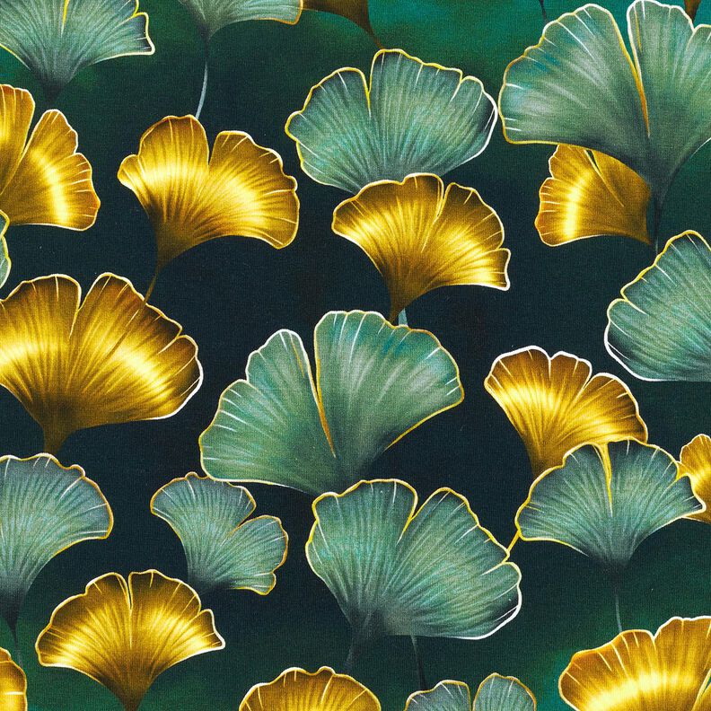 Jersey coton Ginkgo | Glitzerpüppi – vert foncé/or ancien,  image number 1