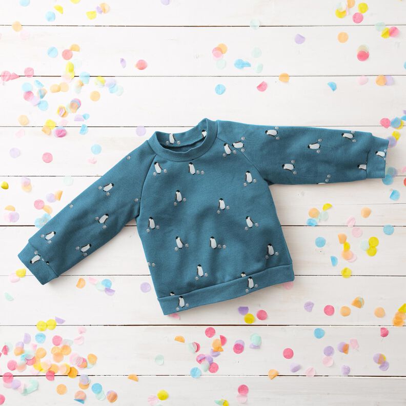 GOTS French Terry Sweat d’été Famille de pingouins Impression numérique – bleu jean,  image number 6
