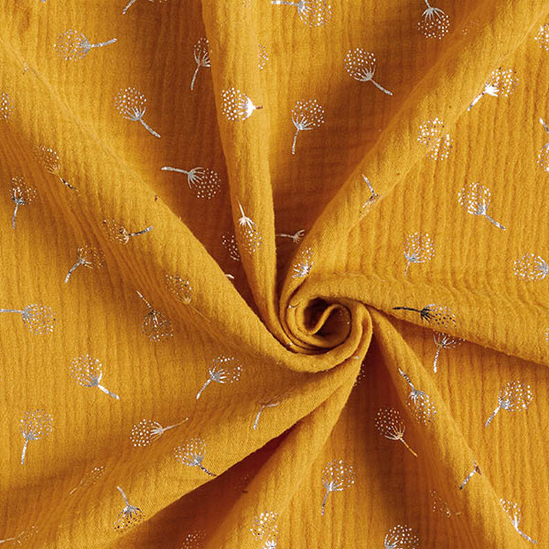 Tissu double gaze de coton Fleurs de pissenlit en paillettes – moutarde/argent,  image number 3