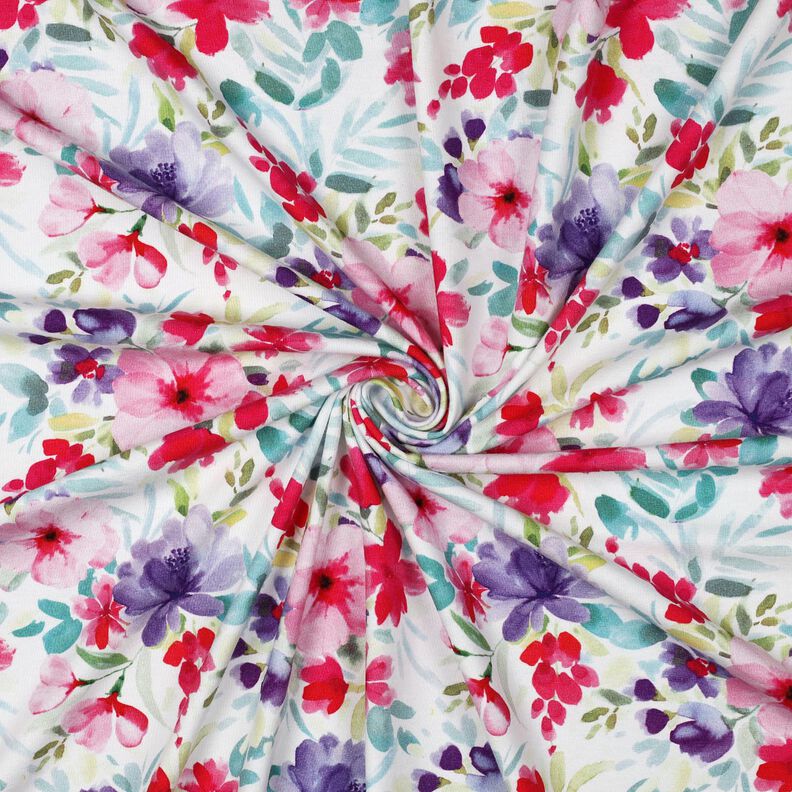 Jersey coton Impression numérique fleurs d'été – blanc/rose intense,  image number 3