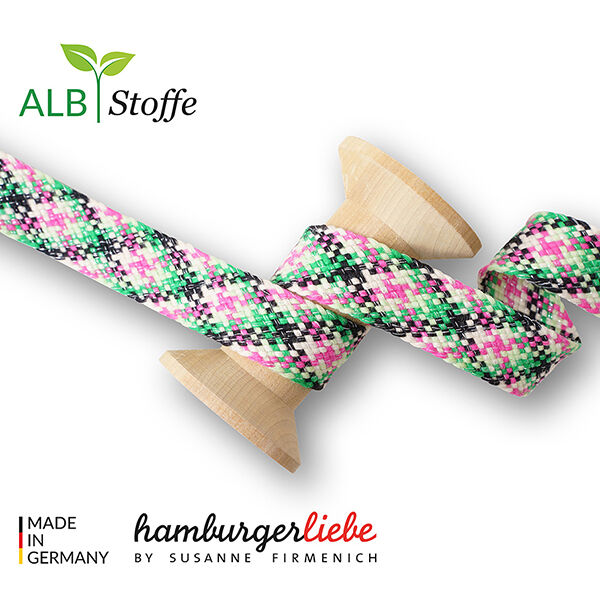 GOTS Cordon tressé bio TWIST ME Check [24 mm] | Albstoffe – vert fluo/rose,  image number 1