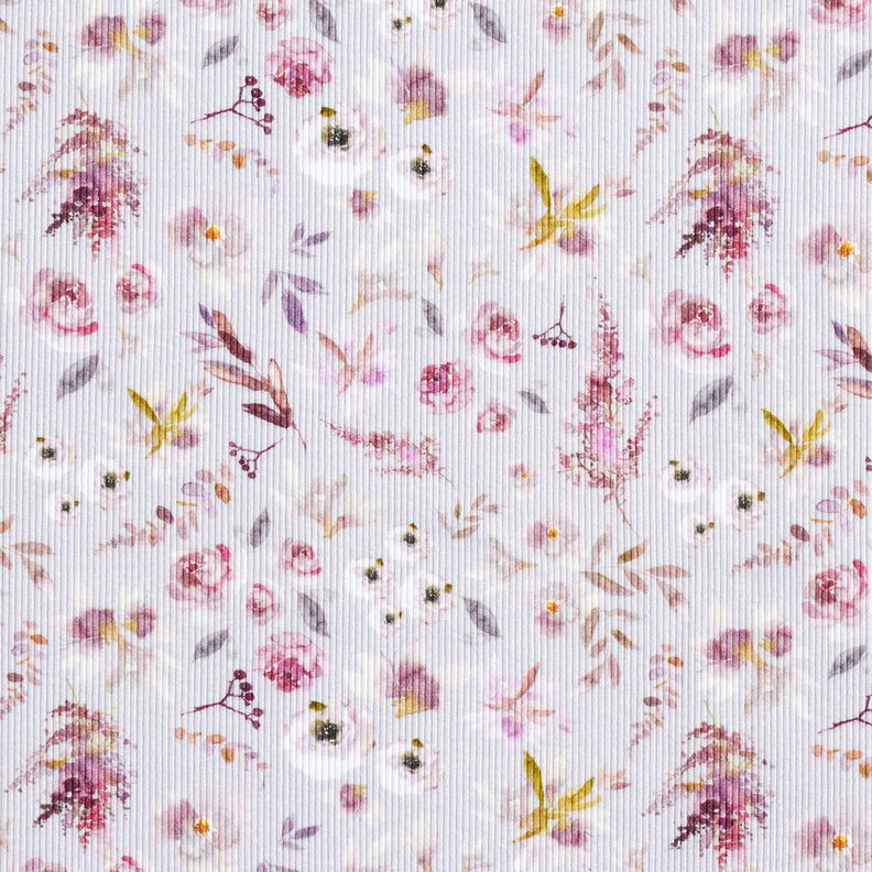 Jersey c&ocirc;tel&eacute; imprim&eacute; num&eacute;rique de fleurs sauvages d&eacute;licates &ndash; lilas pastel/lilas rouge,  image number 1