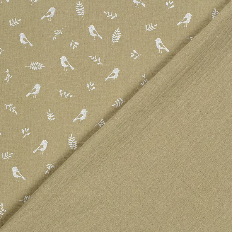 Tissu double gaze de coton Branches et petits oiseaux – kaki clair/blanc,  image number 4