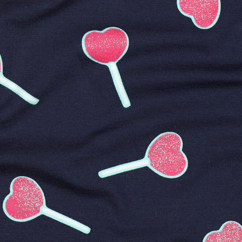 Jersey coton Sucettes en forme de cœur à paillettes | Poppy Fabrics – bleu nuit, image number 2