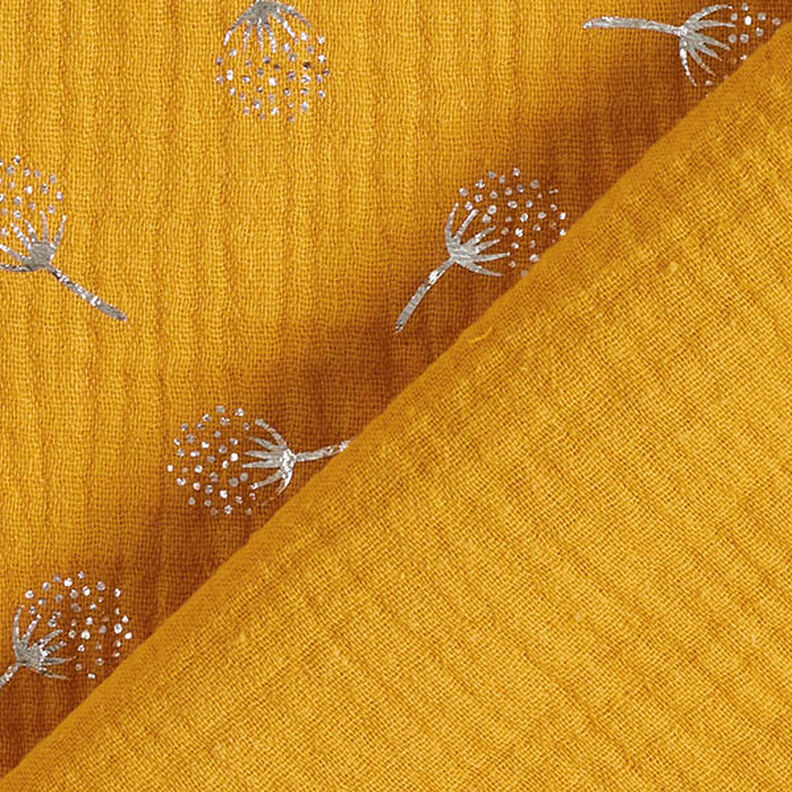 Tissu double gaze de coton Fleurs de pissenlit en paillettes – moutarde/argent,  image number 4