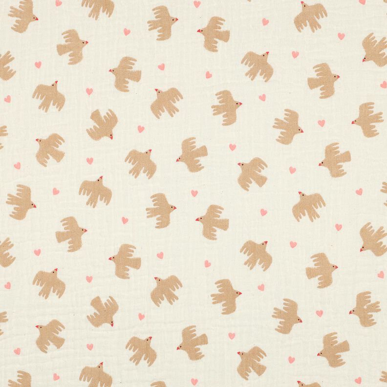 GOTS Tissu double gaze de coton Oiseaux et coeurs | Poppy Fabrics – écru, image number 1