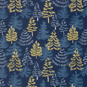 Tissu en coton Popeline Sapins délicats – bleu nuit/or, 