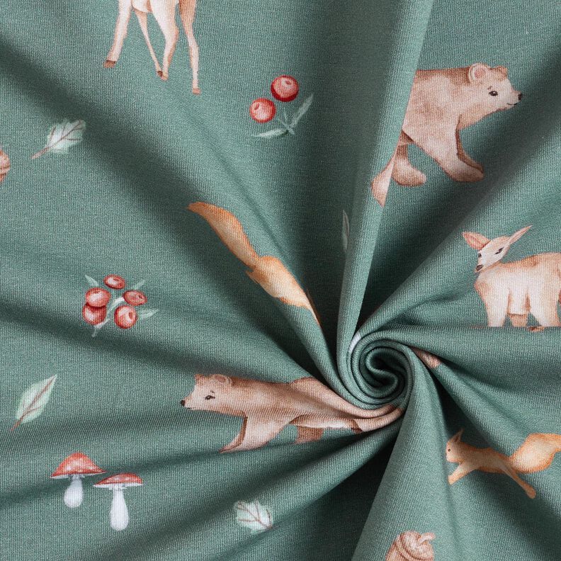 GOTS French Terry Sweat d’été Ours, cerf, écureuil Impression numérique – vert foncé, image number 3