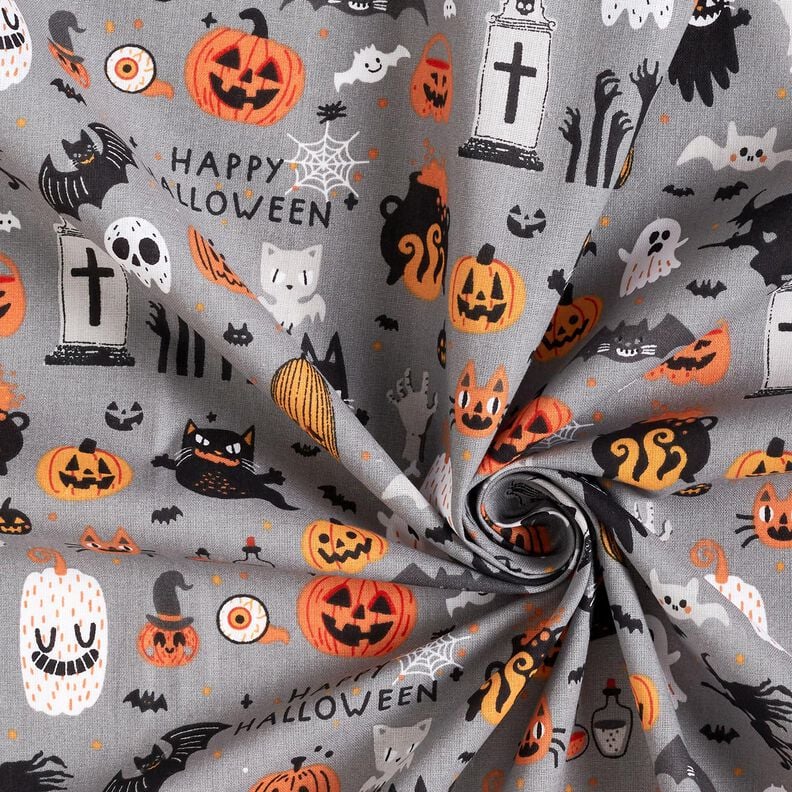 Tissu en coton Popeline Happy Halloween – gris éléphant/orange clair, image number 3