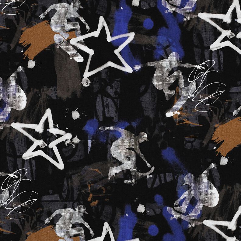 French Terry Sweat d’été Graffitis de skate Impression numérique | Poppy Fabrics – noir/indigo,  image number 1