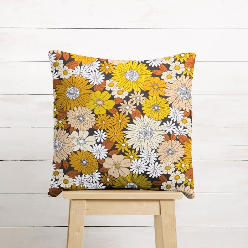 Tissu en coton Cretonne Grandes fleurs rétro – noir/jaune soleil,  image number 7