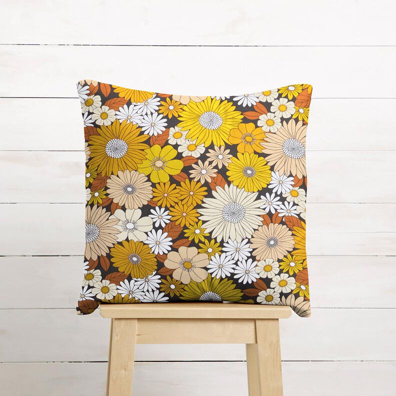Tissu en coton Cretonne Grandes fleurs rétro – noir/jaune soleil, image number 7
