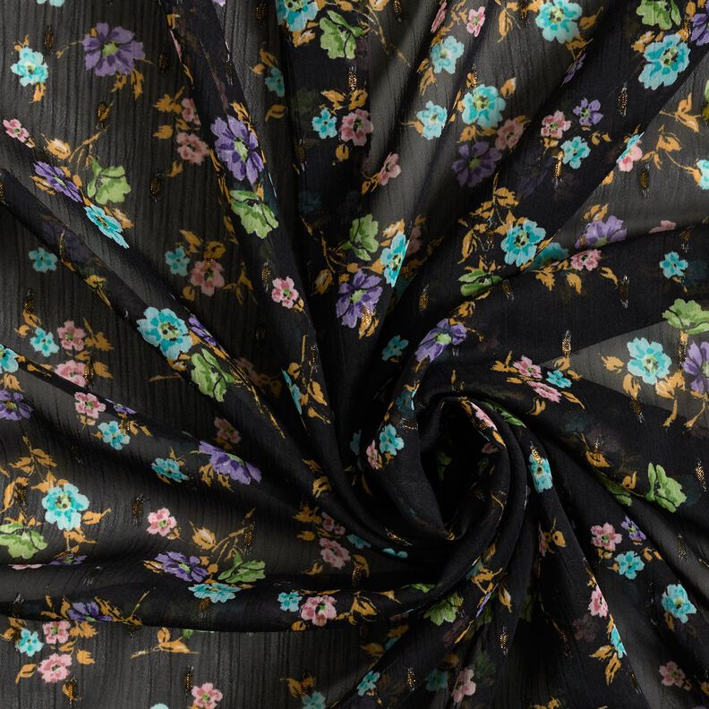 Crêpe Chiffon Fleurs et gouttes d'or – noir/or métallisé,  image number 3