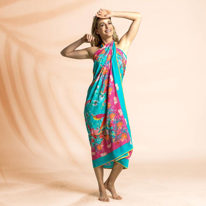 Beachwear paréo panneaux paons et fleurs – bleu aqua/rose intense,  image number 7